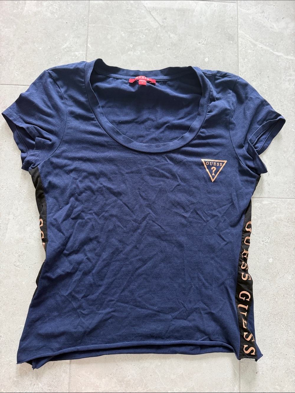 Guess Navy Short Sleeve Logo Scoop Tee with Rose Gold Accents